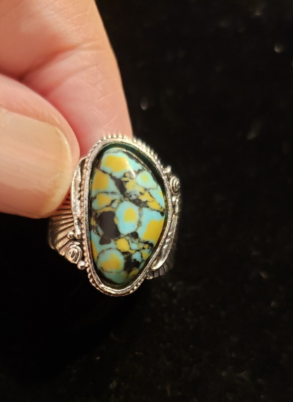 NEW Southwestern Mosaic Turquoise Style Ring W/vintage Style Fan Accents, Size 6